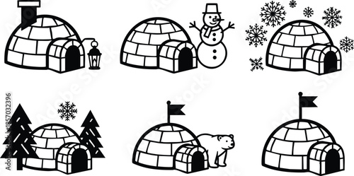 Line art icon set showing igloo variations with chimney snowman trees polar bear flag entrance and snowflakes simple black and white vector illustrations for signage designs