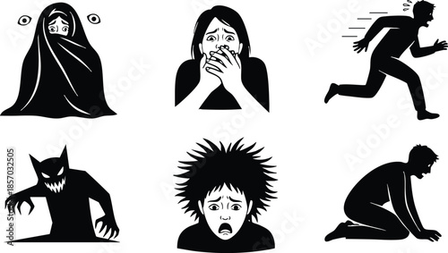 Flat silhouette icon set six spooky figures showing shock fear running crawling and kneeling with expressive faces in black and white vector layout wide horizontal panel