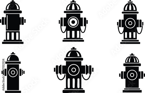 Pixel art grid of six black fire hydrant icons showing front and three quarter views isolated on white background minimal flat design scalable editable silhouette set