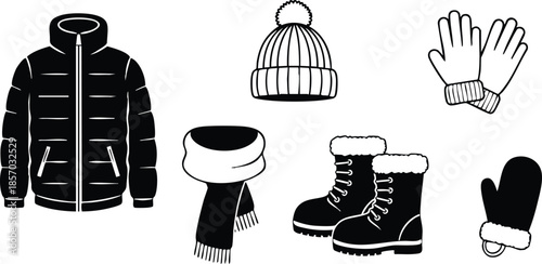 Line art flat design winter clothing icon set close up jacket looking at camera beanie scarf gloves mittens boots black and white vector illustration simple layout