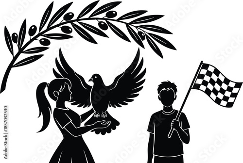 Silhouette vector close up view woman holding dove and man waving checkered flag under laurel wreath emblem flat design bold black graphic isolated on white background