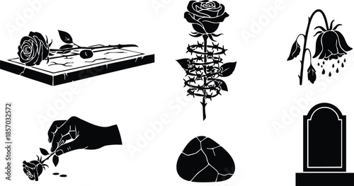 Silhouette icon set showing hand placing rose on tombstone with wilted flower cracked heart stone memorial symbol black monochrome flat design vector illustration isolated simple emblem