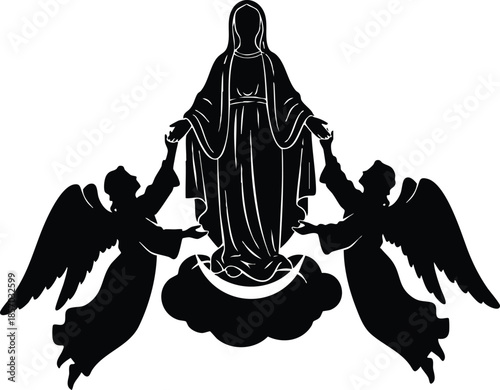 Silhouette vector close up virgin mary flanked by two kneeling angels on cloud pedestal with visible halo minimal black and white portrait icon solemn devotional graphic