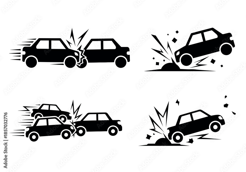 Naklejka premium Depicting a series of car collision scenes with impact effects and vehicle damage clearly shown