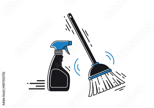 A simple illustration depicts cleaning tools a spray bottle and a broom suggesting household chores