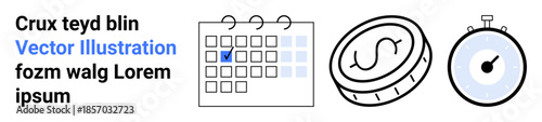 Planning, time tracking, financial management, organization, scheduling, productivity. Illustrated icons of a calendar, a coin and a stopwatch. Planning and time tracking concept