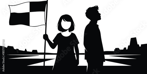 Silhouette vector flat design side view close up girl holding flag looking at camera man standing back to back on urban waterfront skyline high contrast bold
