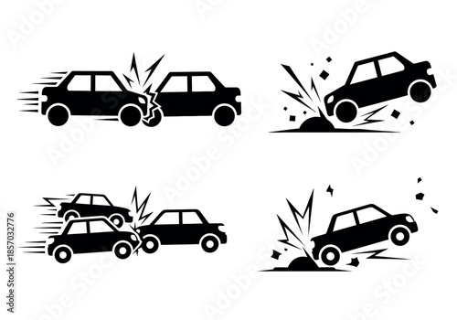 Depicting a series of car collision scenes with impact effects and vehicle damage clearly shown