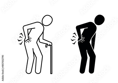 An illustration depicts a person experiencing lower back pain bending over and holding their back