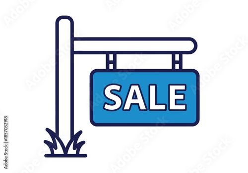 A simple blue and white sale sign illustration with a rectangular sign and post design