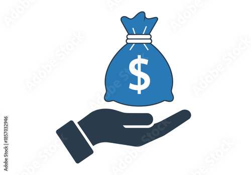 A blue bag of money is being held in an open dark colored hand high-quality