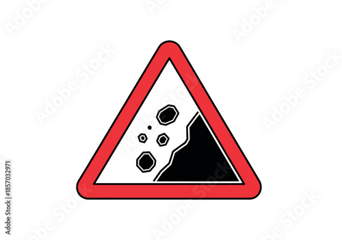 Warning road sign depicts falling rocks and potential landslides indicating hazardous driving conditions ahead high-quality
