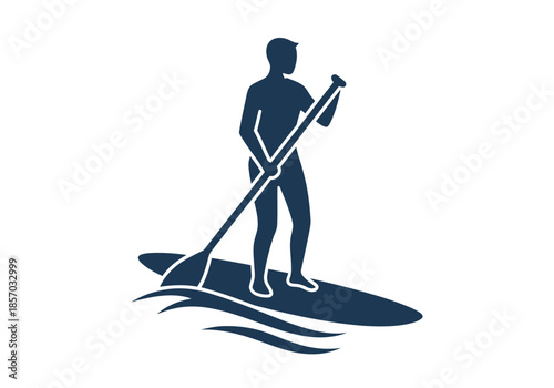 A silhouetted figure is paddleboarding on the water enjoying a peaceful outdoor activity high-quality professional