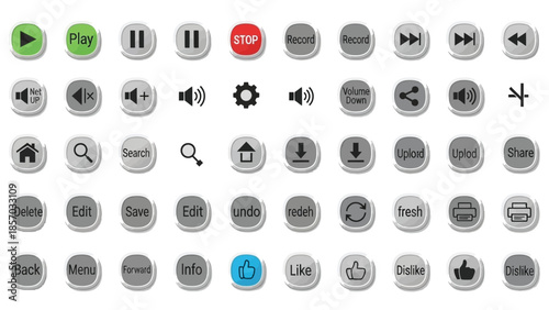 A collection of various user interface icons, including media playback controls, volume adjustments, search, upload, download, and social media buttons, arranged in a grid against a white background.