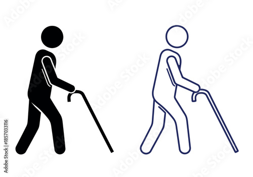 Two stick figures one black and one blue both leaning on walking canes for support