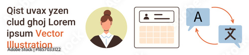 Language services, identity, translation apps, global communication, linguistics, documentation. Woman icon, document and translation arrows. Language services and identity concept