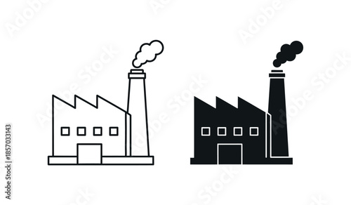 Two industrial factory buildings with smokestacks emitting pollution are depicted in a simple line art