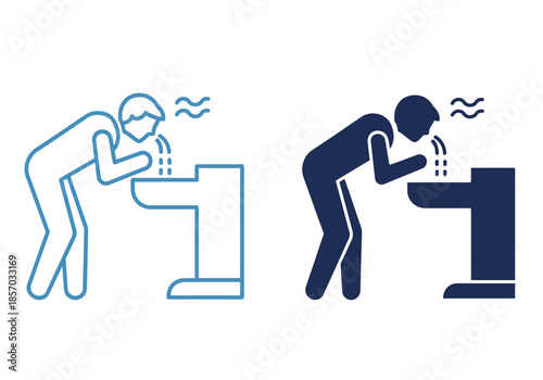Two variations of a simple blue line art icon depicting a person gargling water high-quality