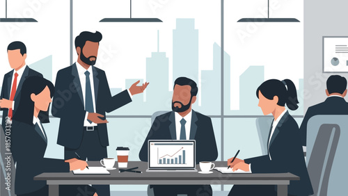 A diverse group of professionals in business attire are engaged in a meeting around a table in a modern office setting, with a city skyline visible through large windows in the background.