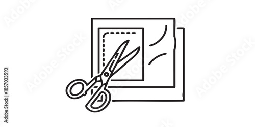 Scissors and fabric cloth thin line icon, sewing theme concept. Vector graphics. Cutting tool with textile sample, handicraft sign on white background, style icon mobile or web desig