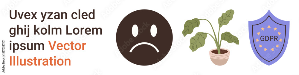 Fototapeta premium Emotions, nature, data security, privacy, compliance, digital rights. Sad face symbol, potted wilting plant GDPR compliance shield. Emotions and data security concepts showcased visually
