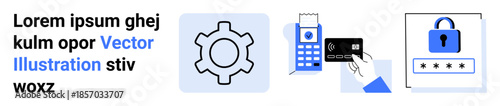 Gear symbolizes process card reader and credit card depict payment lock represents security. Ideal for technology, payments, data safety, e-commerce, fintech, online transactions, simple landing page