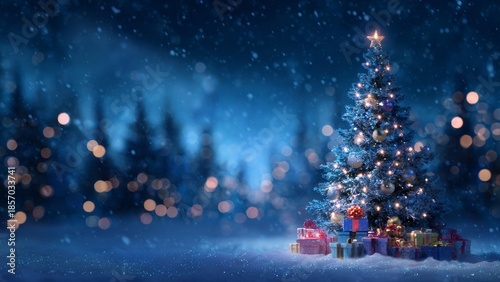 Magical Decorated Christmas Tree with Lights and Gifts in Snowy Winter Forest at Night - Festive Holiday Scene with Falling Snow, Bokeh Lights, Ornaments and Pine Trees Background