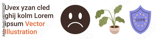 Emotions, nature, data security, privacy, compliance, digital rights. Sad face symbol, potted wilting plant GDPR compliance shield. Emotions and data security concepts showcased visually