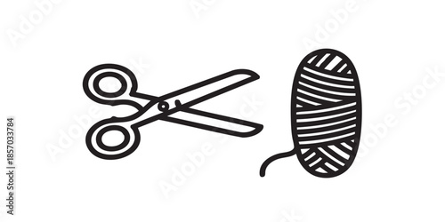 Scissors and skein of thread thin line icon, sewing tools concept. Vector graphics. Yarn with scissors, handicraft accessory sign on white background, style icon mobile or web design.