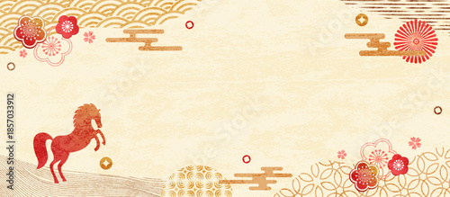 Chinese New Year 2026, Year of the Horse. Chinese New Year banner template with a horse and traditional patterns. Minimalistic style. Vector illustration.