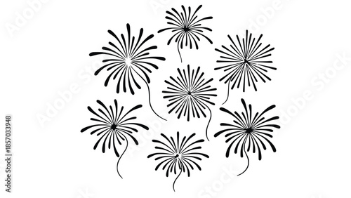  Elegant black and white illustration of fireworks exploding in the sky, creating a beautiful display of celebration and festivity
