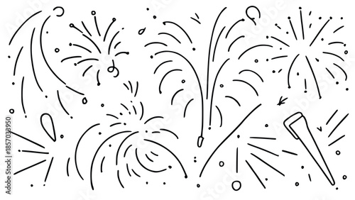 5 Hand drawn illustration of fireworks exploding in the air with vibrant lines and colorful patterns over a simple white background