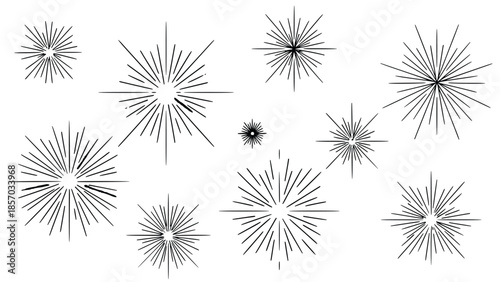 6 Collection of simple black starburst graphics in various sizes on a white background for design elements and decorative purposes effectively used