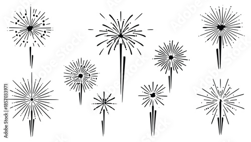 7 Collection of dandelion flowers with delicate seed dispersal illustrated in a minimalist black and white graphic design style