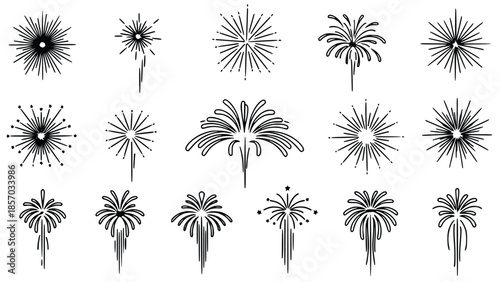 Collection of diverse black fireworks illustrations on a white background showcasing various styles and designs for celebration and decorative purposes