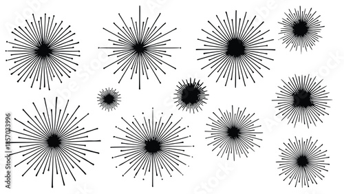 ollection of black starburst design elements on a clean white background for versatile graphic design use in various creative projects and applications