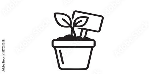 Plant with leaves in flowerpot thin line icon, spring season concept. Vector graphics. Sprout in plastic pot, gardening sign on white background, style icon mobile or web design