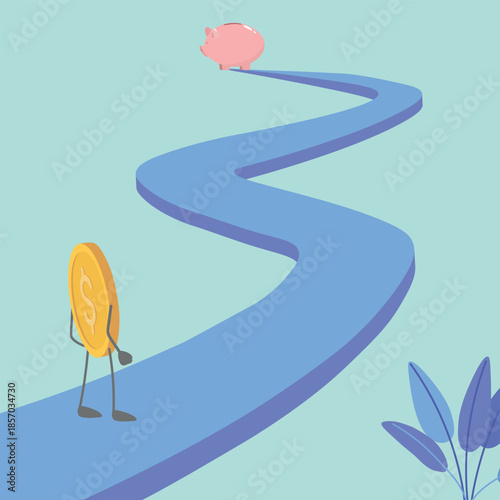 Financial planning, choosing a path, business plan, financial difficulties, global currency, dollar coin, piggy bank, winding road. Accumulating funds, long-term investments, low liquidity, retirement