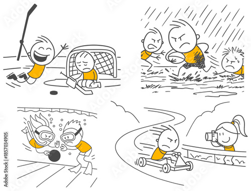 Athletic performers showcasing intense emotional and physical moments while competing with a competitive spirit in various sports branches.