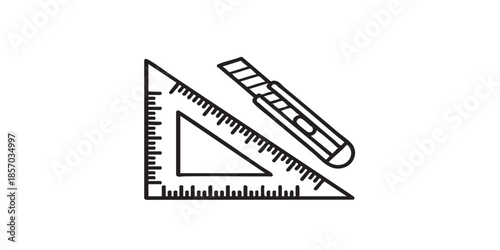Ruler with utility knife thin line icon, sewing theme concept. Vector graphics. Triangle ruler and cutting tool, stationery sign on white background, style icon mobile or web desig