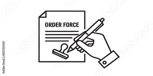 Order paper with stamp and hand thin line icon, police force concept. Vector graphics. Hand with pen and document, signage sign on white background, style icon mobile or web desig