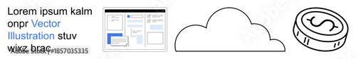 Cloud services, online transactions, digital interface, financial technology, data storage, remote access. Simplified icons showing a cloud, a web interface and a coin. Cloud services and online