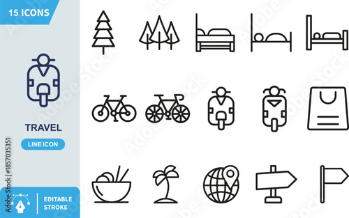 Collection of fifteen essential thin line travel icons representing transportation accommodation food navigation and outdoor activities for vacation planning interfaces