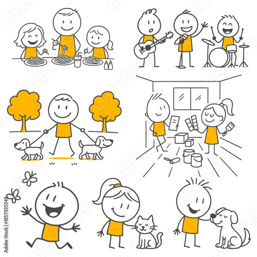 Loving moments of happy families who go for walks with their pets in parks and spend quality time engaging in creative hobbies at home throughout the weekend.