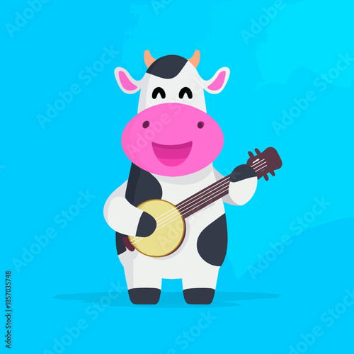 Cartoon cow playing banjo against a bright blue background illustration