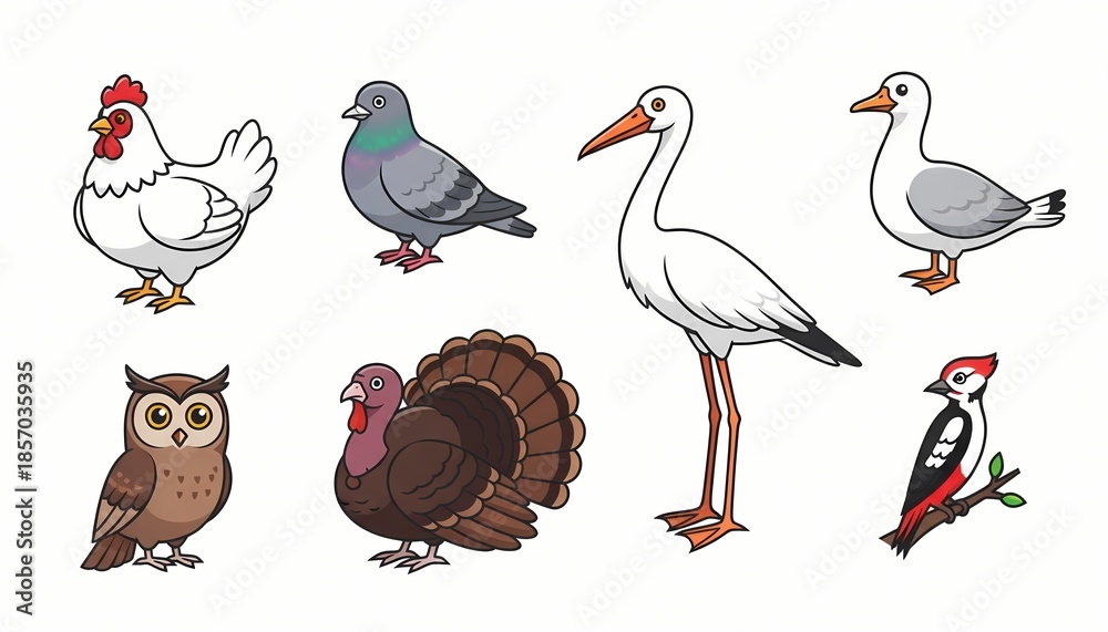 Obraz premium Vector collection of various cartoon birds including chicken, pigeon, stork, seagull, owl, turkey, and woodpecker. Colorful mascot style bird characters isolated on white background.