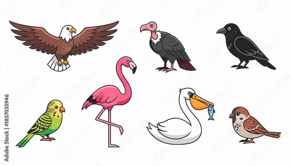 Obraz premium Set of cartoon bird illustrations featuring an eagle, vulture, crow, parakeet, flamingo, pelican eating fish, and sparrow. Diverse bird species characters isolated on white background.