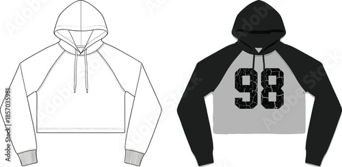 Cropped hoodie front and back views with number print, fashion sketch and styled design – flat vector illustration