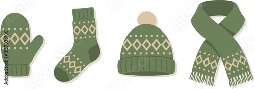 Matching winter accessories set with green and beige pattern, cozy seasonal wear for cold weather – flat vector illustration