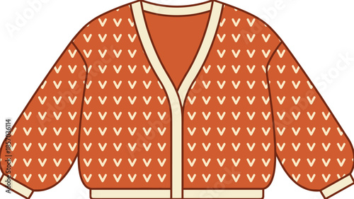 Orange patterned cardigan sweater illustration, cozy knit winter clothing, casual fashion apparel design, warm retro style outfit, flat vector illustration